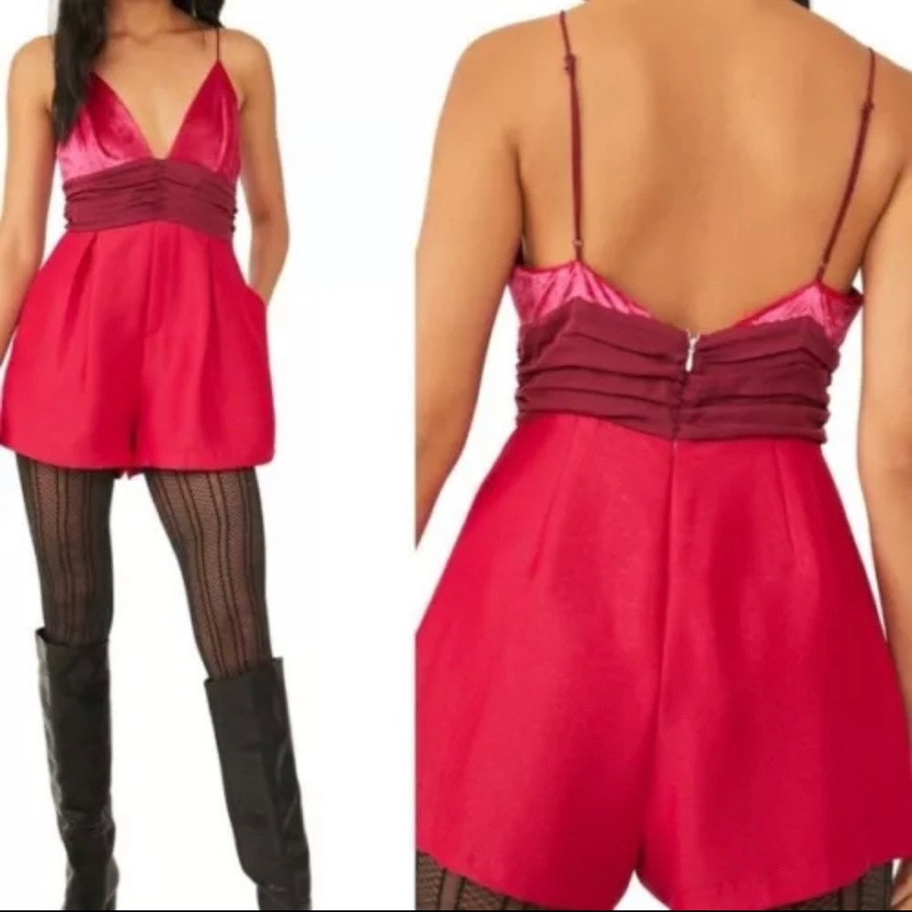 Free People Skylie Saylor Romper Hot Pink Velvet V-Neck small